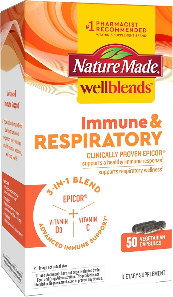 Nature Made Wellblends免疫&呼吸器、EpiCor Postbiotic、ビタミンC、ビタミンD3、高度な免疫サポートサプリメント、50ベジタリアンカプセル