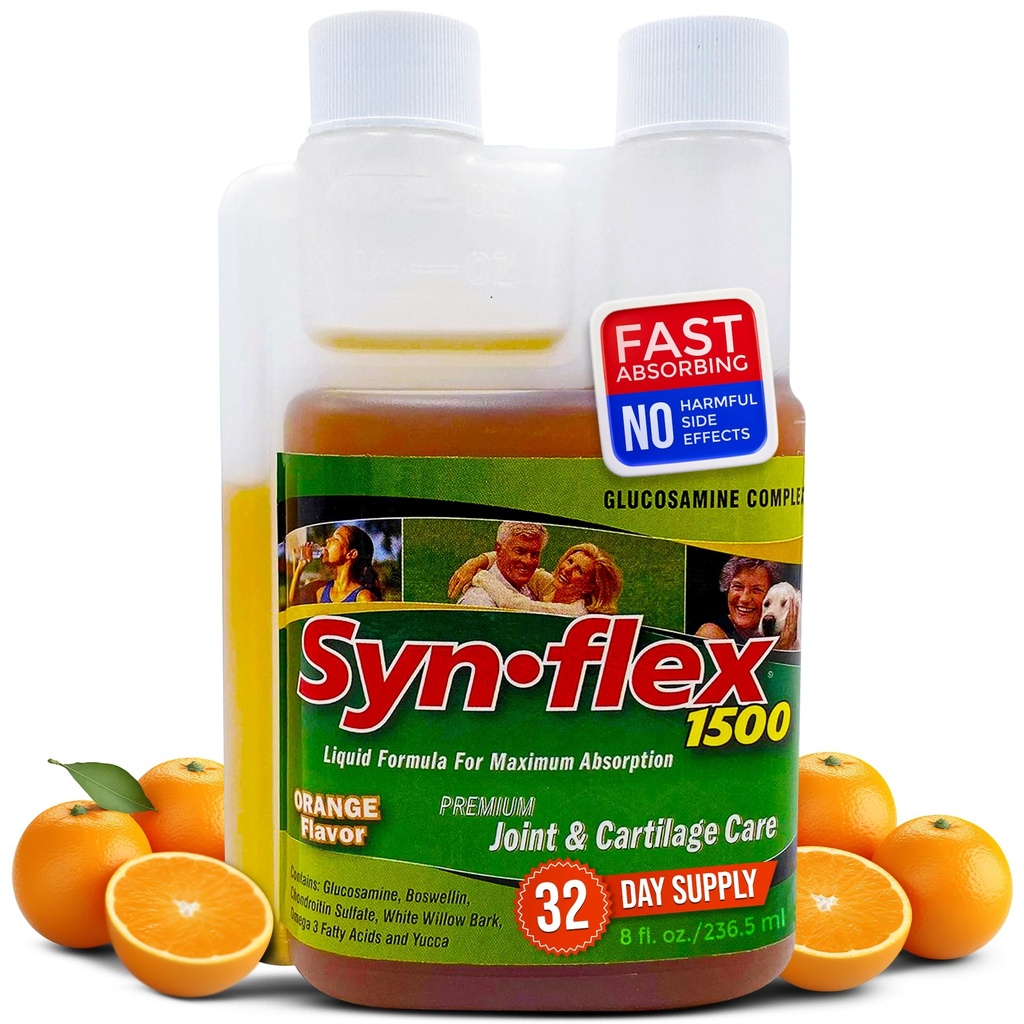 Synflex 1500mg Liquid Glucosamine & Chondroitin Supplement - HSA/FSA, High Concentration and Fast-Absorbing Joint Support Formula with White Willow Bark, Manganese, and Boswellin, 32-Day Supply