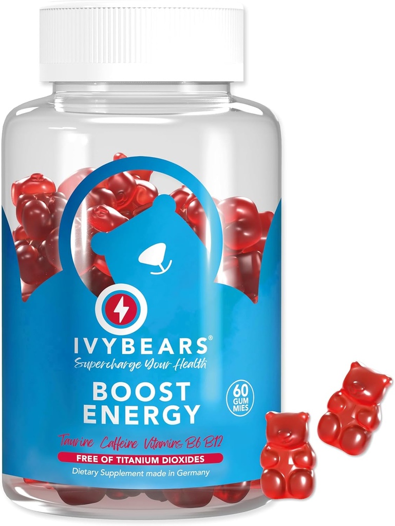 IvyBears®エナジーブーストガミー - ビタミンB12&ナチュラルカフェインとビーガンChewableエネルギーサプリメント - フォーカス、毎日のエネルギーとスタミナサポート - プレワークアウトガミー - 60カウント