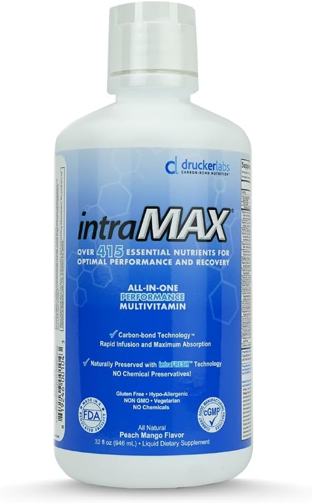 IntraMAX Organic Liquid Multivitamin, Non GMO, Dairy Free, Gluten Free, Magnesium, Vitamin D, C and E, Zinc (32 oz., Peach Mango)