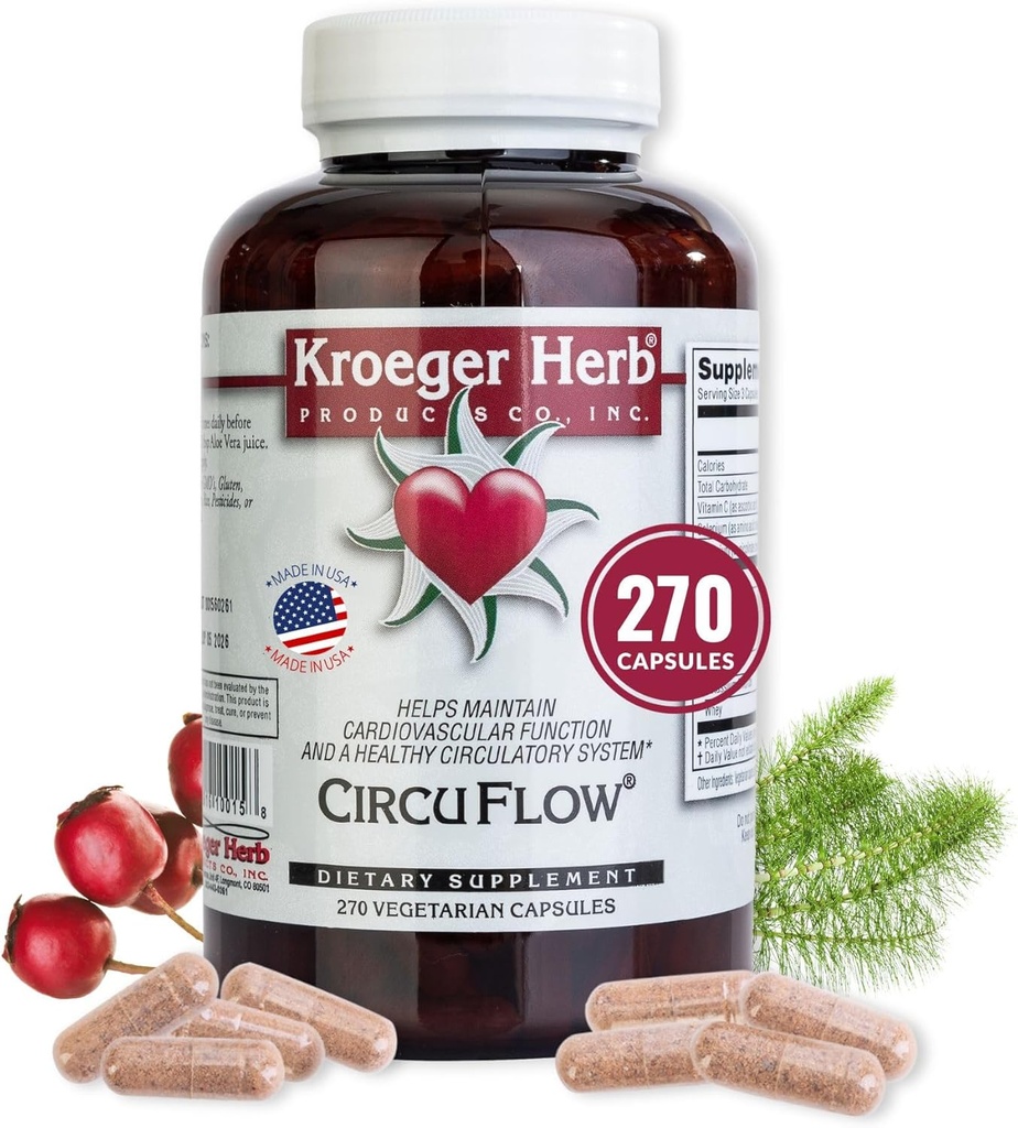 Kroeger Herb Products, Circu Flow, Hawthorn Supplement for Heart Support, Daily Circulation Supplement, Promotes Cardiovascular Function with Hawthorn Berry, Non-GMO, 270 Capsules, Made in USA