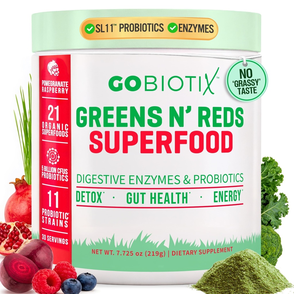 GOBIOTIX Super Greens Powder with Beet Root, Spirulina, Moringa & Chlorella – Probiotics, Enzymes & 21 Superfoods – Zero Sugar, Vegan, Non-GMO – 30 Servings (Pomegranate Raspberry)