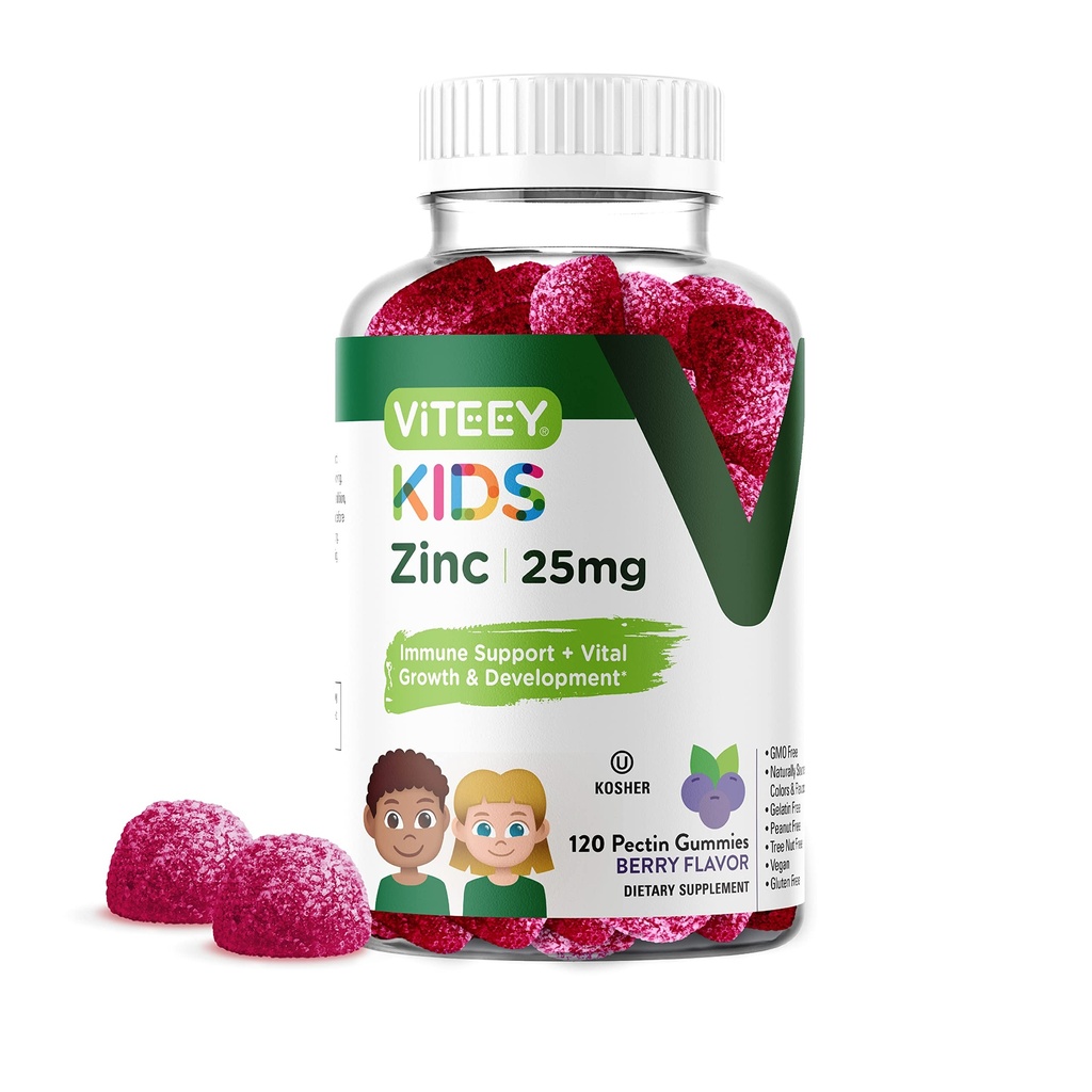 子供のためのViteey亜鉛グミー、25mg - 子供のための免疫サポート & 十代の若者たち - 強力な自然抗酸化剤, キッズ亜鉛ビタミンサプリメント - ビーガン, ゼラチンフリー, グルテンフリー - おいしいChewableベリー風味のガミー