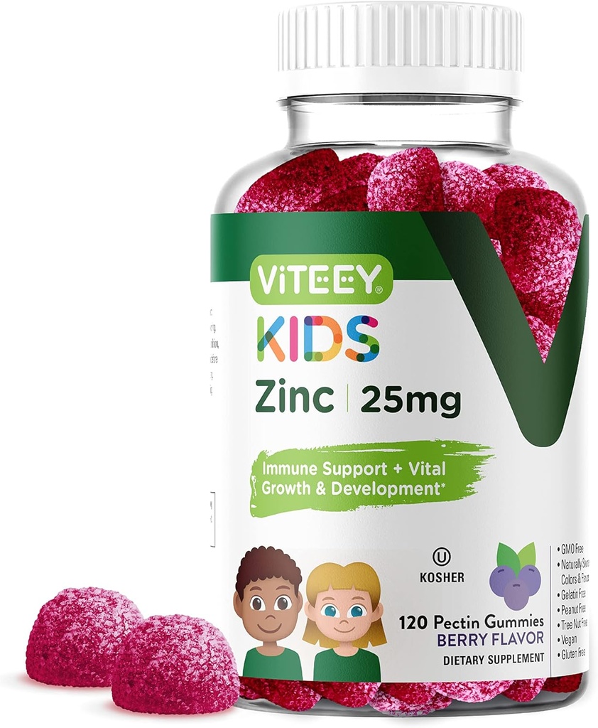 子供のためのViteey亜鉛グミー、25mg - 子供のための免疫サポート & 十代の若者たち - 強力な自然抗酸化剤, キッズ亜鉛ビタミンサプリメント - ビーガン, ゼラチンフリー, グルテンフリー - おいしいChewableベリー風味のガミー