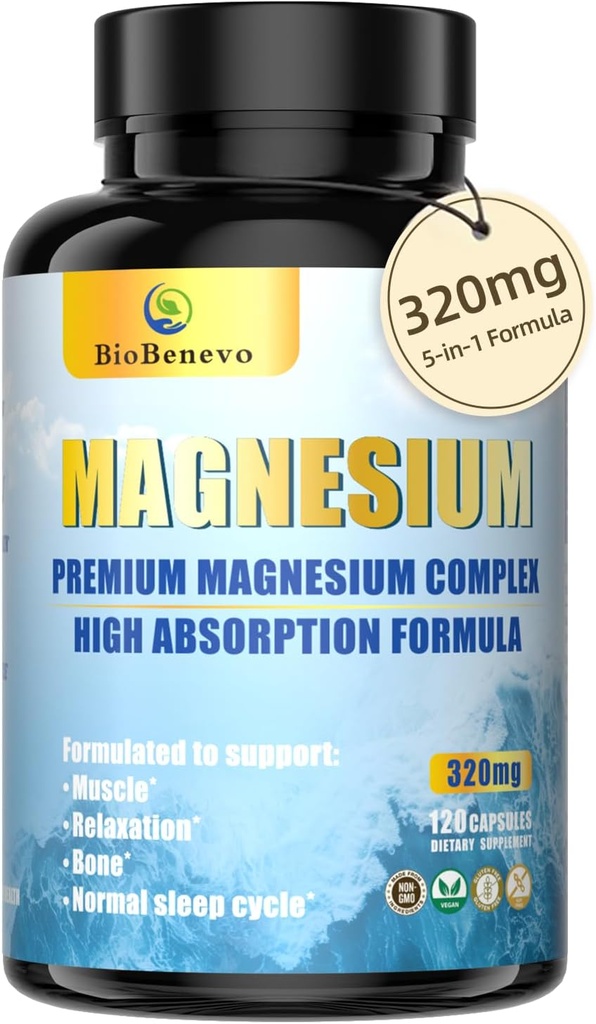 5-in-1 Magnesium Complex | 320mg of Magnesium Glycinate, Malate, Citrate… | Support for Sleep, Muscle Relaxation, and Energy Metabolism | High Absorption | Vegan, Non-GMO | 120 Capsules