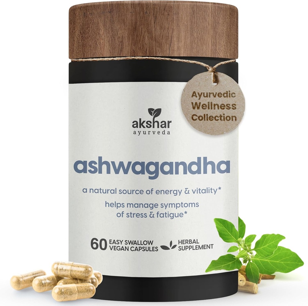 Akshar Ayurveda - Ashwagandha カプセルと Ashwagandha ルート エキスとパウダー - ストレス、気分、エネルギー、バイタリティのための適応ハーブサポート - ビーガン Cruelty-Free Ashwagandha サプリメント (60 カウント)