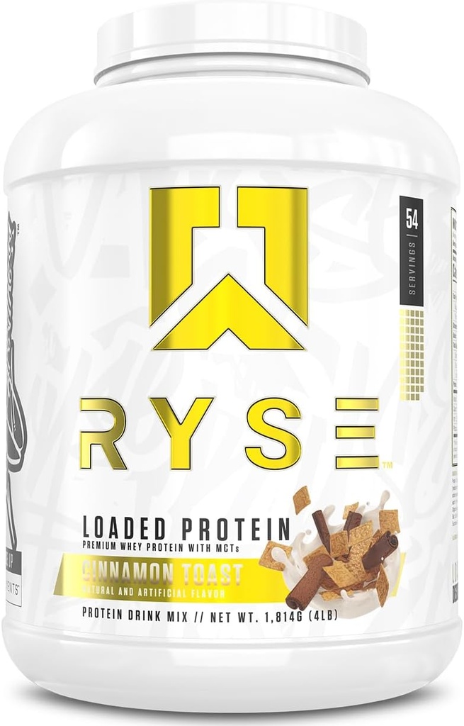RYSE Loaded Protein Powder - Cinnamon Toast - 25g Whey Protein Isolate & Concentrate with Prebiotic Fiber & MCTs - Low Carb, Low Sugar, Digestive-Friendly - 54 Servings / 4 lb Tub