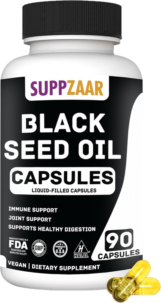 ビーガンブラックシードオイル1000mg. 免疫のためのコールドプレスブラックカミンシードオイル, 構造, 皮膚 & 消化非GMO, グルテン & ゼラチン無料 - 45 サービング, 90 液体充填カプセル