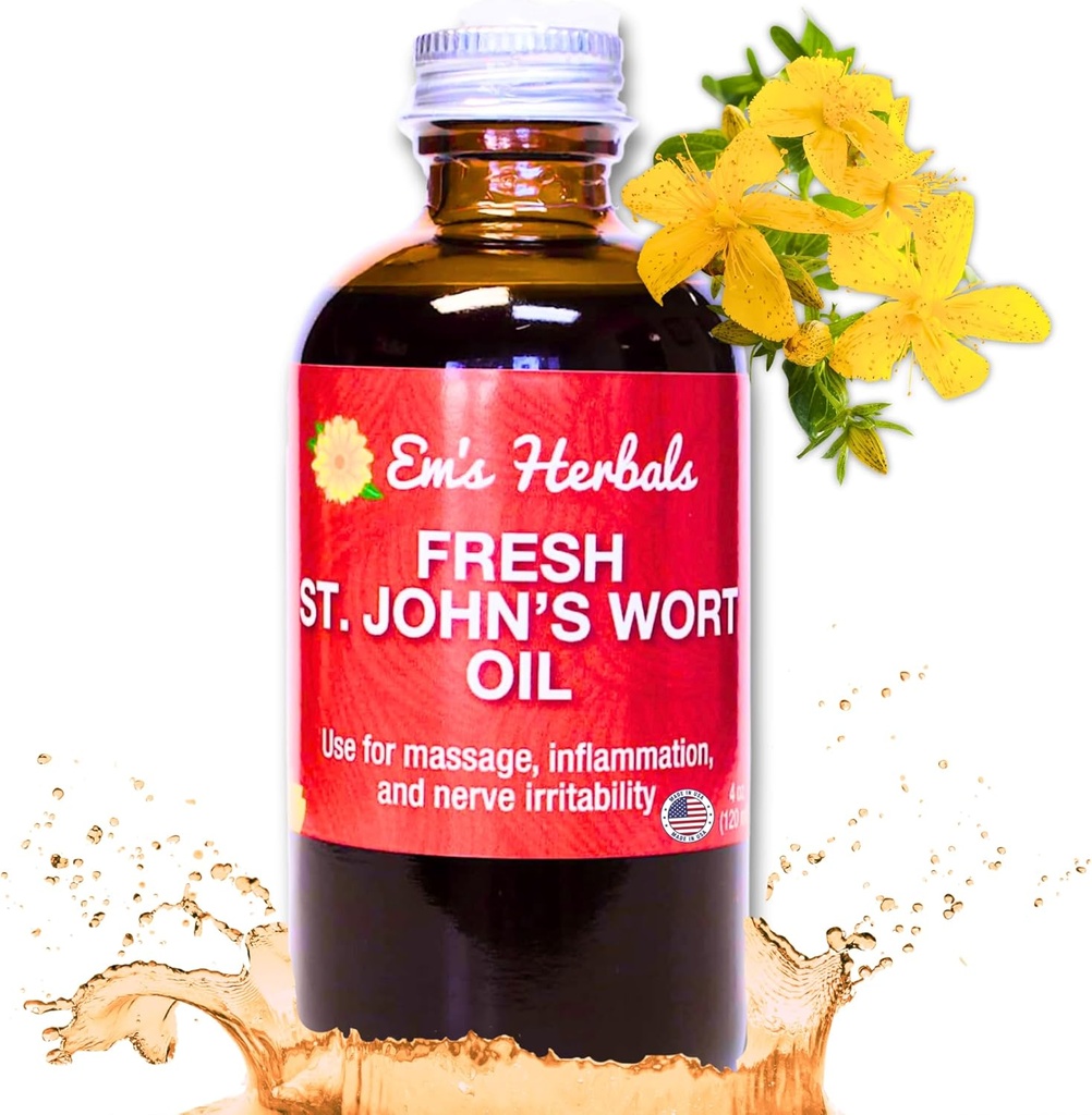 Em's Herbals Fresh St. John's Wort Oil - 米国で収穫されたワイルド、Nerve Discomfort、皮膚の噴火、傷のケア、傷、ストレッチマーク - 皮膚、顔、体、髪、マッサージオイル(4 Oz)