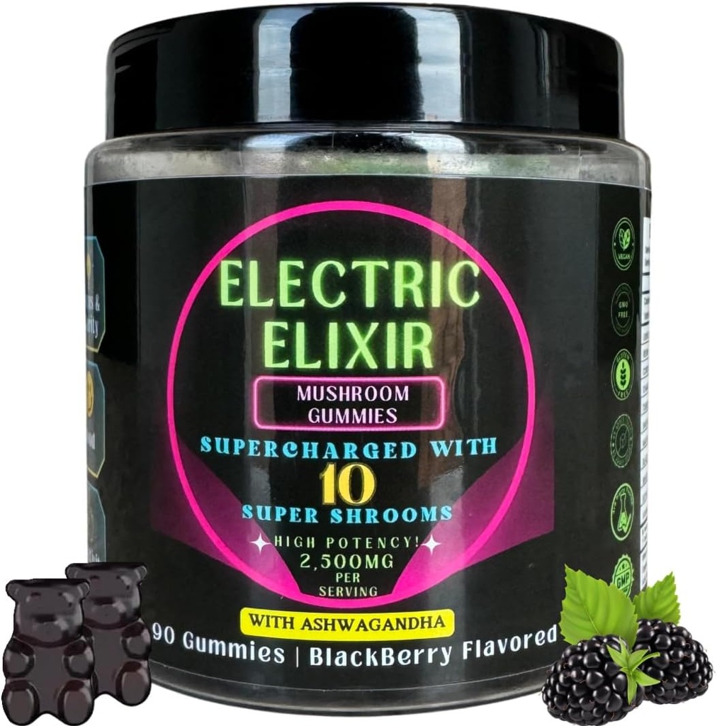 ライオンのマネ&アシュワガンダサプリメントマッシュルームグミ - オーガニック、ビーガン、向知性、グルテンフリー - 脳の焦点、エネルギー、気分、スタミナのための包括的なサプリメント - 10マッシュルームブレンド90カウントブラックベリー