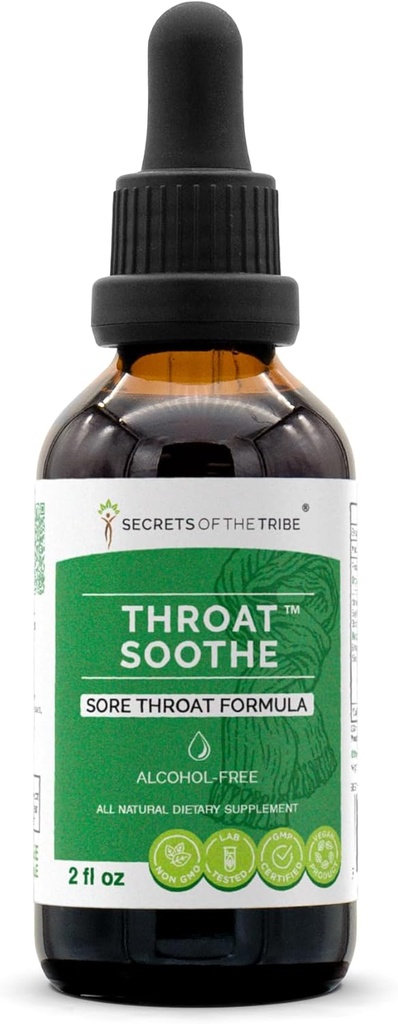 Throat Sootheアルコールフリーエキス、高周波ハーブドロップ、Tincture、Licorice、Slippery Elm、Marshmallow、Sage、Echinacea、Elderberryから作られたチンキ。 Sore Throatフォーミュラ2オンス