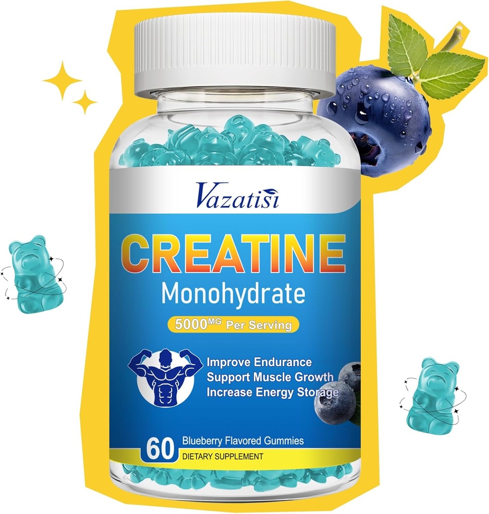 Creatine Monohydrate Gummies for Women & Men, Sugar Free Vegan Creatine Supplement for Build Muscles, Increase Energy & Strength, Blueberry Flavor, 60 Count