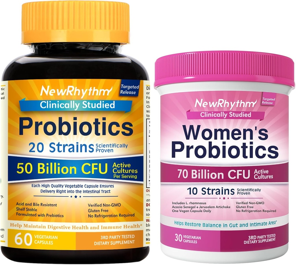NewRhythm Gut & Feminine Health Bundle、Probiotics 50 Billion CFU & Women's Probiotics 70 Billion CFU、毎日のGut Health & Feminine Care、90カプセル合計(パッケージ2)