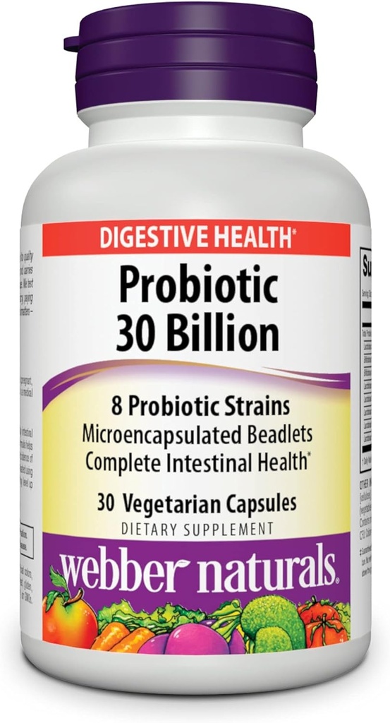 Webber Naturals Probiotics、高い効力、男性、女性および大人のための30 Billion CFU、棚の馬小屋(冷凍は必要としません)、消化器の健康のための8つのProbioticの緊張、30のベジタリアンのカプセル、