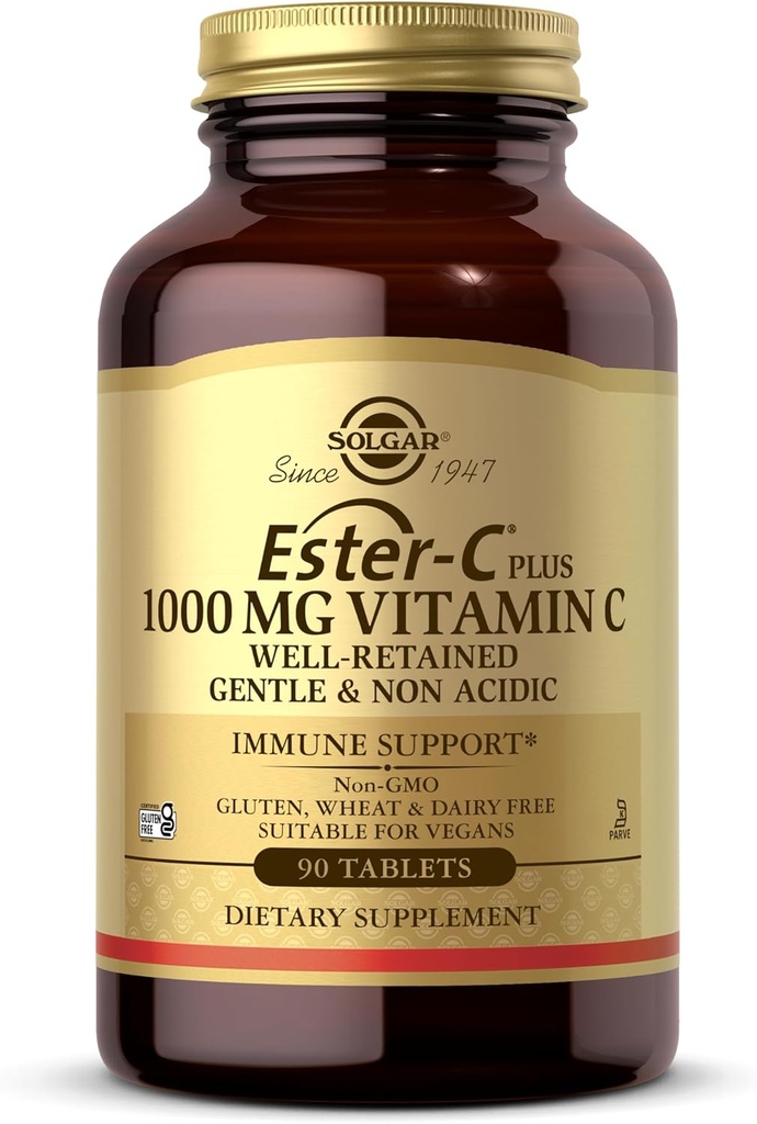Solgar Ester-C Plus 1000 mg Vitamin C (Ascorbate Complex), 90 Tablets - Gentle On The Stomach & Non Acidic - Antioxidant & Immune System Support - Non GMO, Vegan, Gluten-Free, Kosher - 90 Servings
