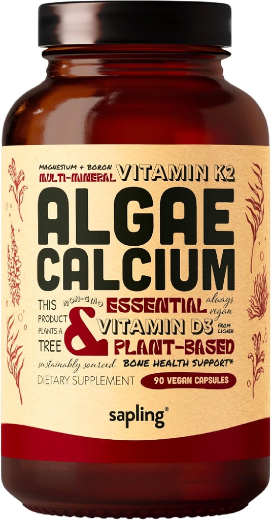 Calcium Supplement - Whole Food with Vitamin K2 & D3, Magnesium, Zinc, Boron, Mineral Complex. Sourced Sustainably from Red Algae. for Bone Strength and Support. Non-GMO & Vegan 90 Capsules.