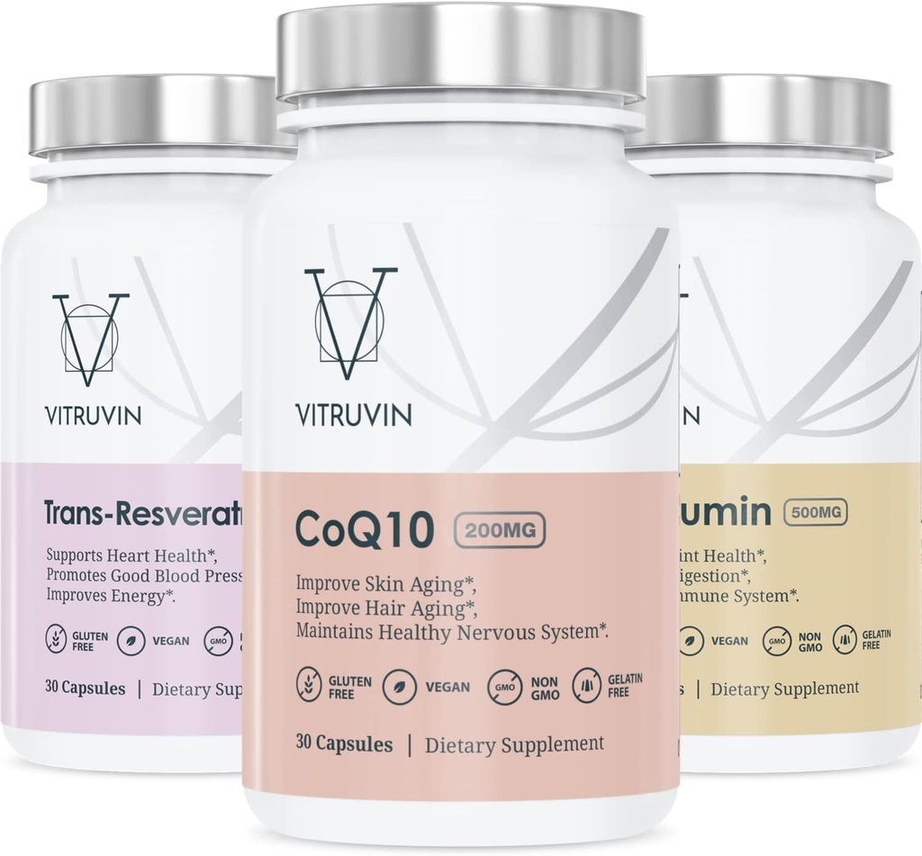 Vitruvin 美 + コンフォート パック COQ10 200mg + トランスレスベラトロール 500mg + クルクミン 500mg, ビーガン, 非GMO, グルテンフリー, ゼラチンフリー. 健康な肌, ヒール, 関節と脳