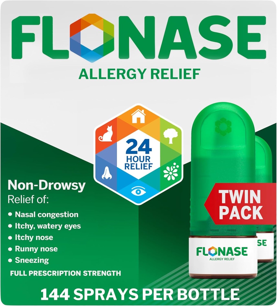 Flonase Allergy Relief Nasal Spray, 24 Hour Non Drowsy Allergy Medicine, Metered Nasal Spray - 144 Sprays (Pack of 2) - Fall and Seasonal Allergy Relief