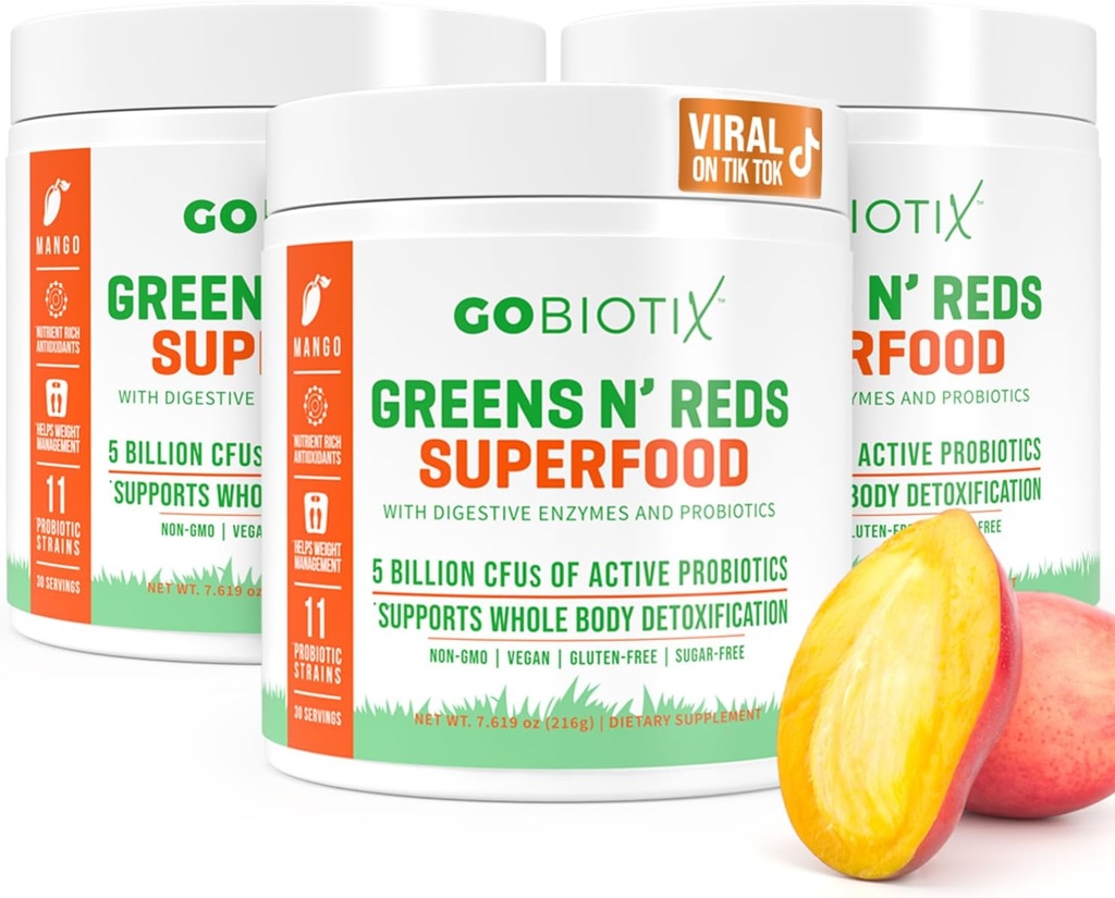 GOBIOTIXスーパーグリーンとレッドパウダー - 赤と緑のスーパーフード - プロバイオティックサプリメント - 消化酵素とビートルートパウダー - 有機食品栄養補助食品(マンゴー、3パック)