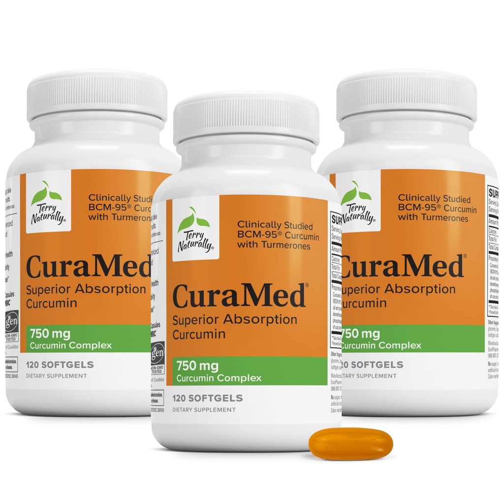 Terry Naturally CuraMed 750 mg - 脳と心臓の健康のための抗酸化サプリメント - 高周波クルクミンコンプレックスとサプリメント - 腎臓、肝臓、免疫の健康サポート - 120 Softgels(パッケージ3)