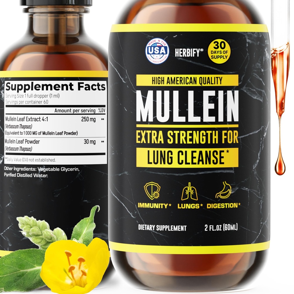 HERBIFY Mullein Extract 2 oz 呼吸の健康のためのチンキ, Mullein 葉と花のブレンド (Verbascum Densiflorum)