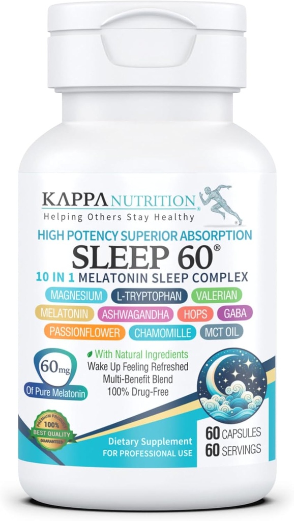 KAPPA NUTRITION 睡眠 60, 睡眠補助剤, 60 mg の Melatonin, 60 日の供給, ビーガンカプセル形成非習慣 より簡単な就寝時間のための天然成分, ハーブサプリメント, バレリアンルート, チャモミール非GMO