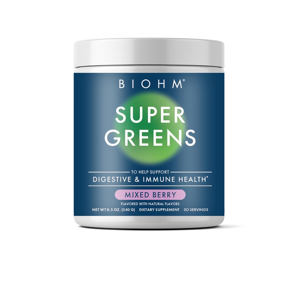 BIOHMスーパーグリーン、グリーンスーパーフードパウダー(8.5オズ、30サービング)抗酸化野菜パウダー&スムージーミックス、34スーパーフード&スピルリナ、消化酵素、プレバイオティクス、混合ベリー味