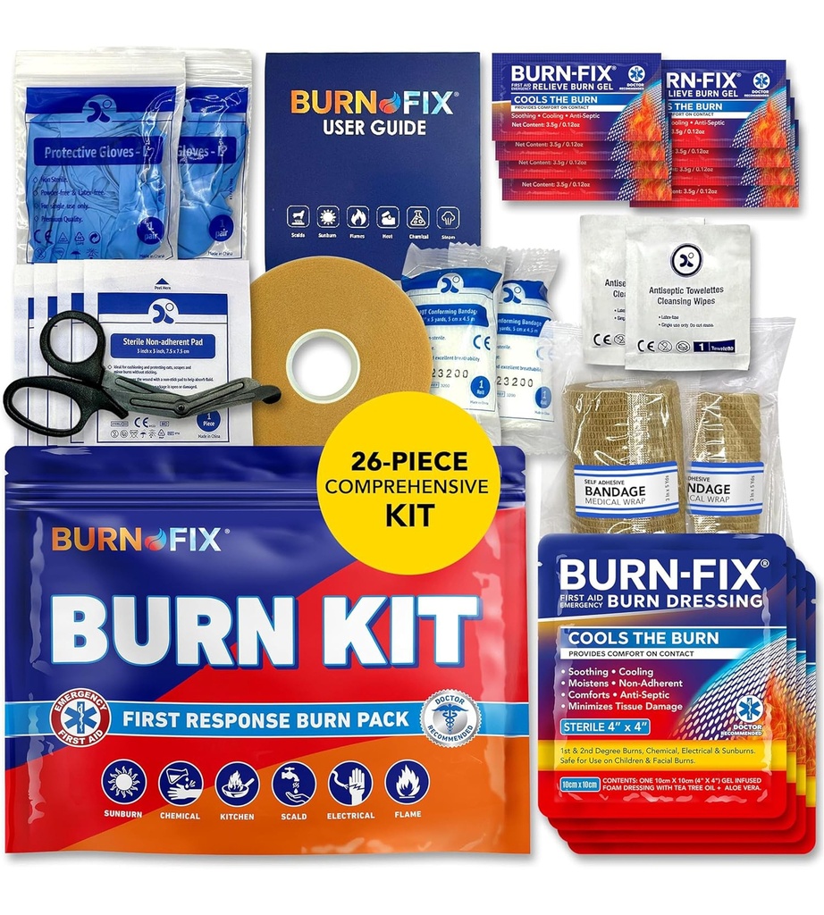 BurnFix® 燃焼キット 緊急燃焼のための最初の補助金 - 26 ピースの燃焼処理 冷却ゲル、ドレッシング、手袋 - キッチン、日焼け、化学&スカルド救済 - ホーム、オフィス、旅行
