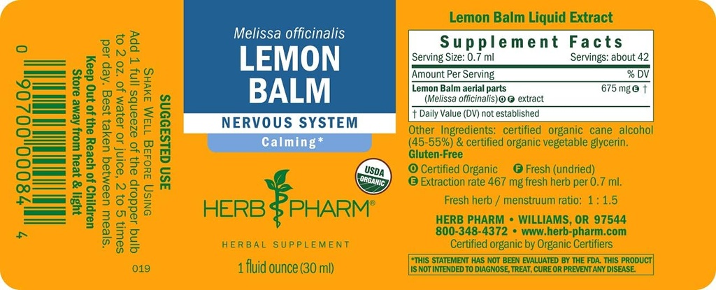 Herb PharmはNervousシステム サポート、有機性caneアルコール、1のOunce (パッケージ 5)を炭酸塩のための有機レモン バルムの液体のエキスを証明しました