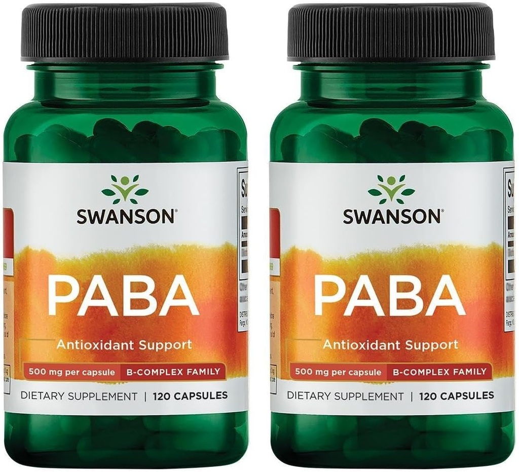 スワンソンPABA - 強力なBコンプレックス支持赤血球形成 - 葉酸成分補助供給酸素から細胞と皮膚の健康サポート - (120カプセル、500mg各) (2パック)