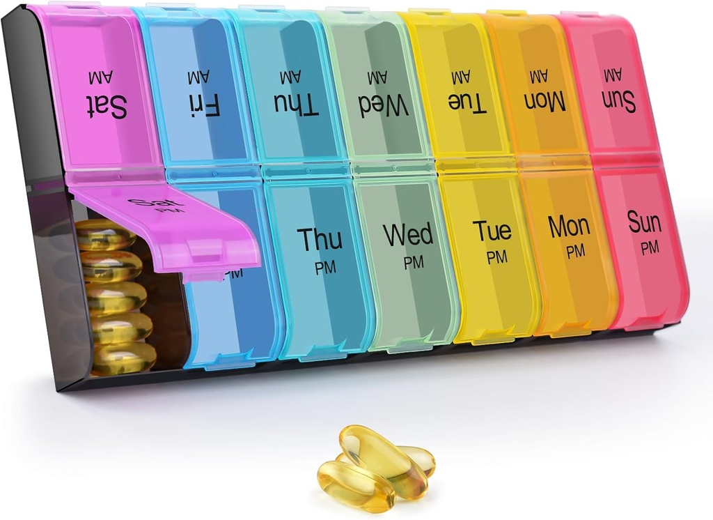 GREENCYCLE Extra Large Weekly Pill Organizer 2 Times A Day,7 Day Pill Box AM PM 薬用プランナー バルブケース XXL Compartment Home Pill Container for Vitamins Fish Oil Supplements (Rainbow)