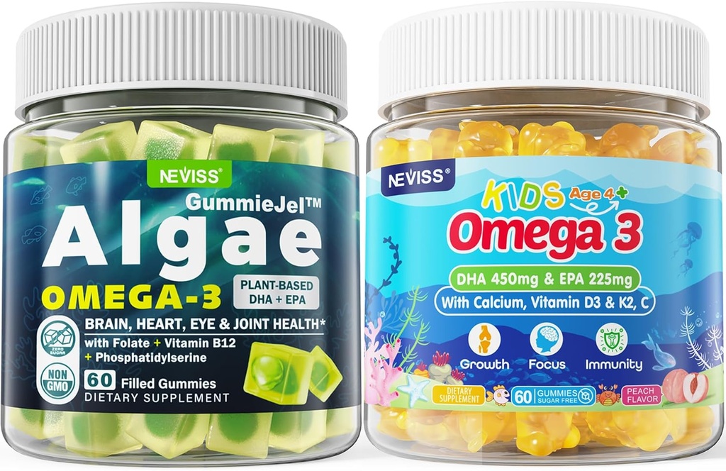 Vegan Omega 3 Gummies 1 Pack + Sugar Free Omega 3 Gummies for Kids 2 Pack