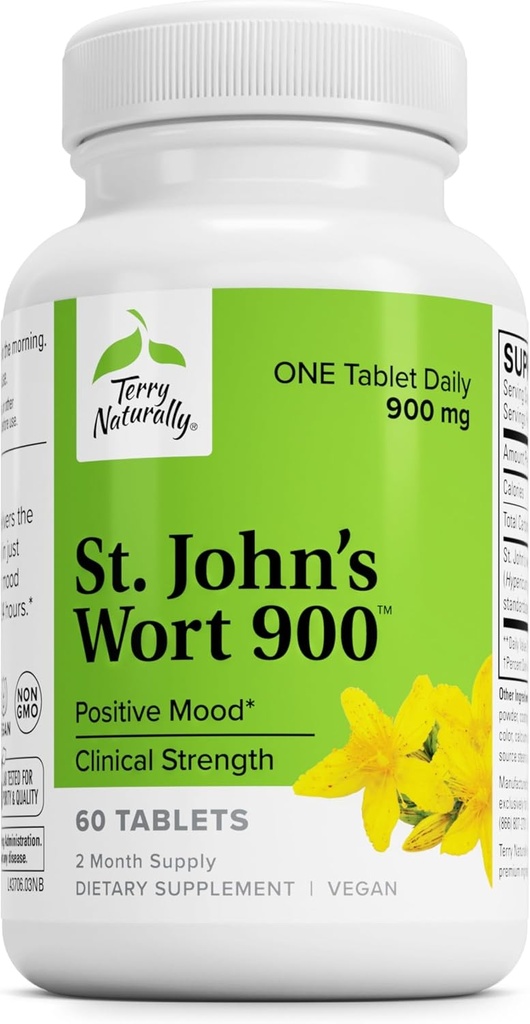 Terry Naturally St John's Wort 900-60タブレット - 完全な臨床線量 - Non-GMO、Vegewel、グルテンフリー- 60のサービングを提供します
