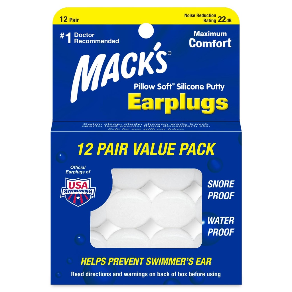 Mackのピローソフトシリコンイヤープラグ、12ペア - 眠り、いびき、水泳、旅行、コンサートやスタディのためのオリジナルの成形可能なシリコーンプティーイヤープラグ  アメリカ製