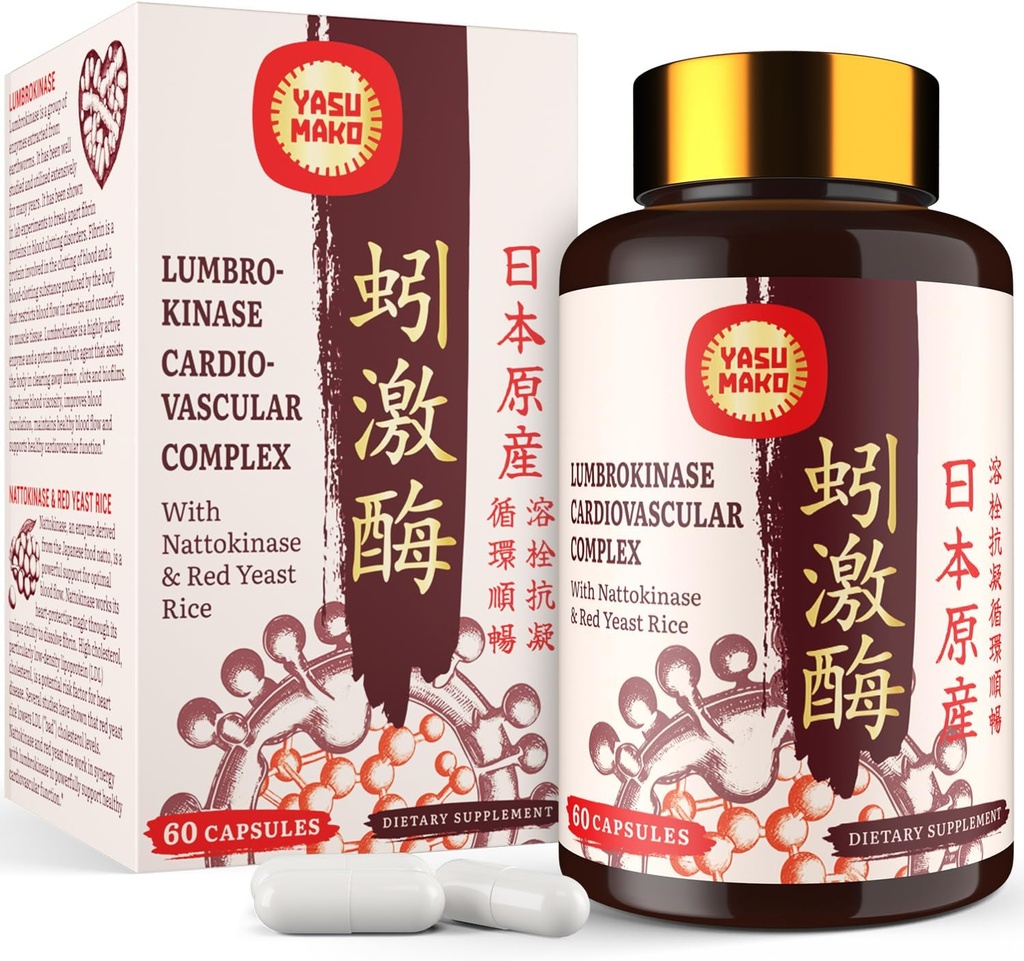 Lumbrokinase 100mg (最高の活動1,000,000 LKU)、Nattokinase活動の100mg-2,000 FUおよび赤いイースト米300mgの循環、Cognition、60のカプセルのための有効なLumbrokinaseの酵素の補足(1のパック)