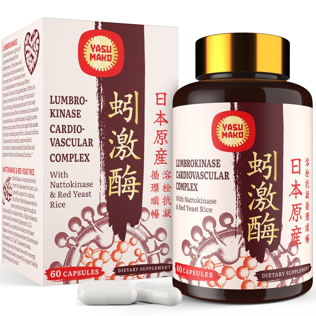 Lumbrokinase 100mg (最高の活動1,000,000 LKU)、Nattokinase活動の100mg-2,000 FUおよび赤いイースト米300mgの循環、Cognition、60のカプセルのための有効なLumbrokinaseの酵素の補足(1のパック)
