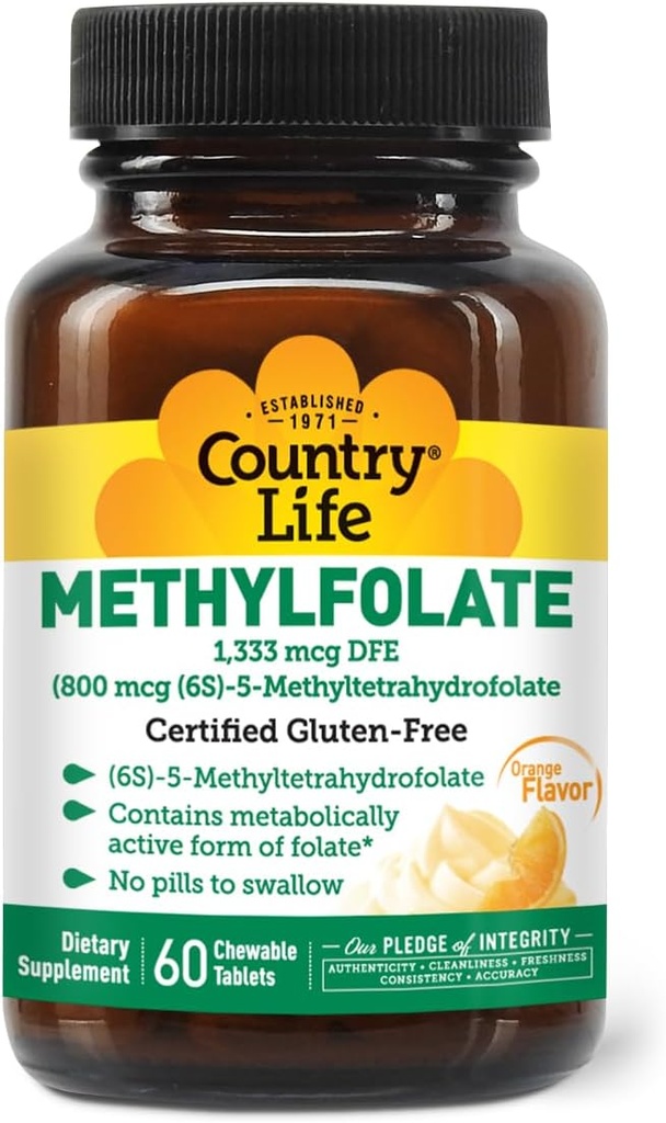 Country Life Methylfolate Chewable Tablets - Metabolically Active Folate - Great Tasting Orange Flavor - Gluten-Free - Smooth Melts - Vegan B12 - Women's Vitamins - Daily Supplement - 60 Tablets