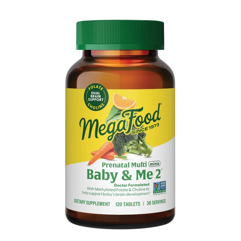 MegaFood Baby & Me 2 Prenatal Multi Minis - コリン&メチルフォーレートの女性のための胎児ビタミン - グルテンフリー、ベジタリアン、女性のための前ナタールマルチビタミン - 120ミニの錠剤、30のサービング