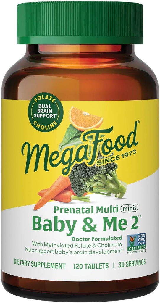 MegaFood Baby & Me 2 Prenatal Multi Minis - コリン&メチルフォーレートの女性のための胎児ビタミン - グルテンフリー、ベジタリアン、女性のための前ナタールマルチビタミン - 120ミニの錠剤、30のサービング