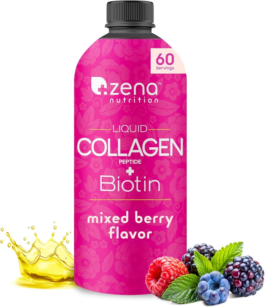 女性及び人のためのZenaの栄養物の液体のコラーゲン(タイプ1及び2)及び5000mcg Biotin、2500mg Verisolの生物活動的なコラーゲンのペプチッド、毛、皮、釘の補足、混合されたベリー、60のサービング、20.3のflのoz