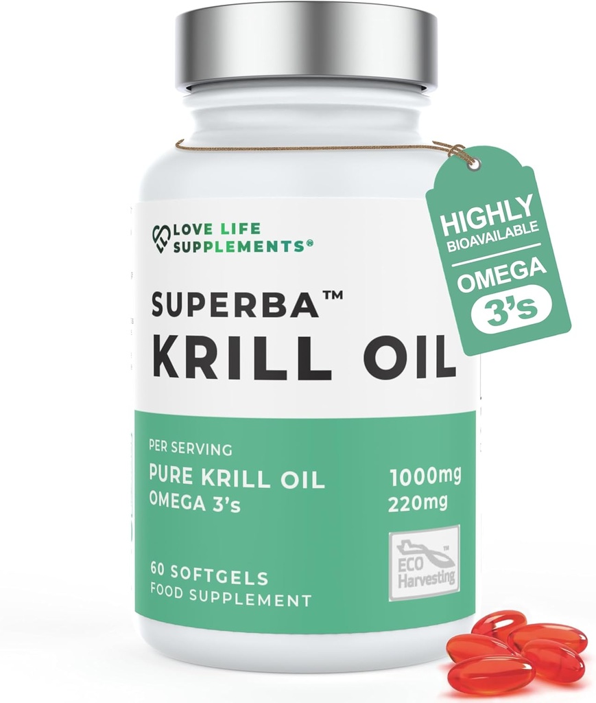 Krill Oil Omega 3 カプセル 高強度 1000mg | アントアークティックで持続的に魚 | 60 レッド ソフトゲル | ジョイント ケア サプリメント | 強力な抗酸化アスタキサンチンと吸収のためのリン脂