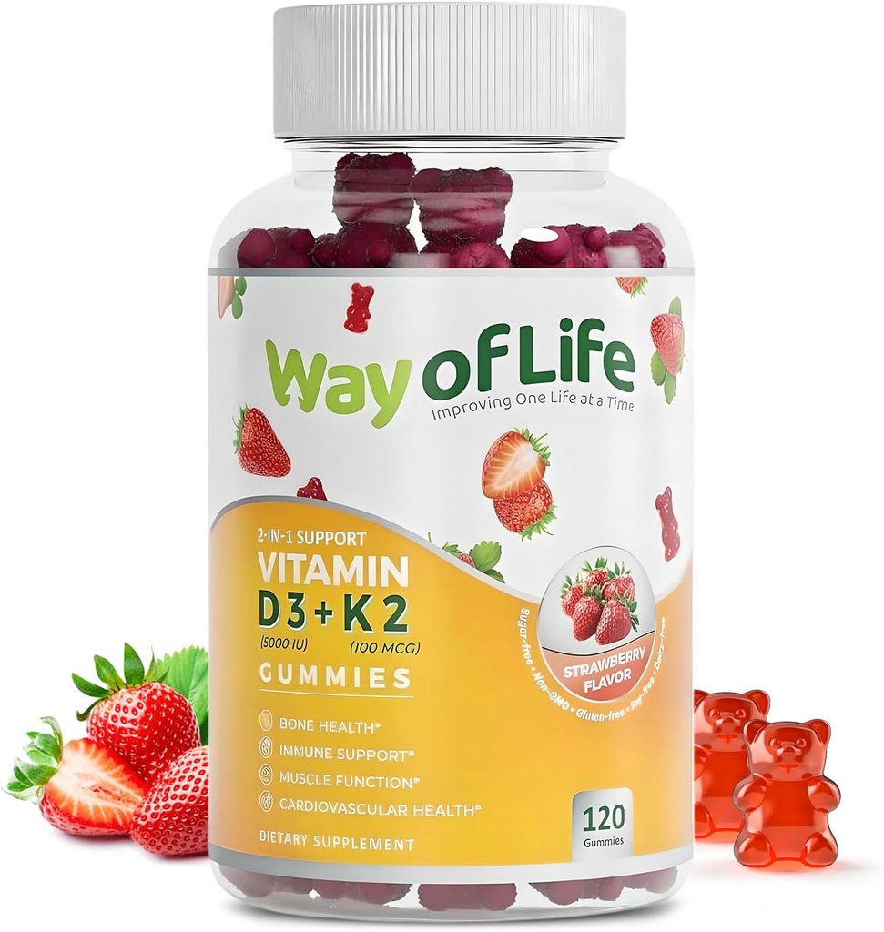 ビタミンD3 5000 IU (125 mcg) + K2 (MK-7) 100 mcg砂糖フリーグミー、いちご - 120カウント、骨と大人のための心の健康、筋肉のFuntion、ペクチン、おい、Chewy、非GMO、グルテンフリー、ゼラチンフリー