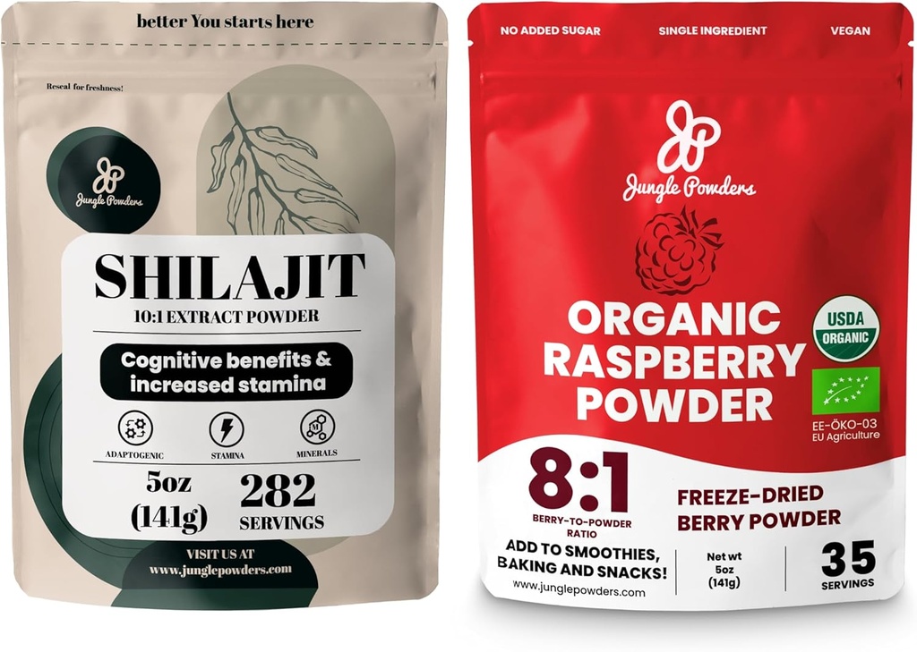 ジャングルパウダースーパーフードバンドル:5oz生シラジット&5oz有機ラズベリーパウダーコンボ - 男性用エネルギーサポート、免疫ブースト、USDA認定凍結乾燥レッドラズベリーベーキング、スムージー