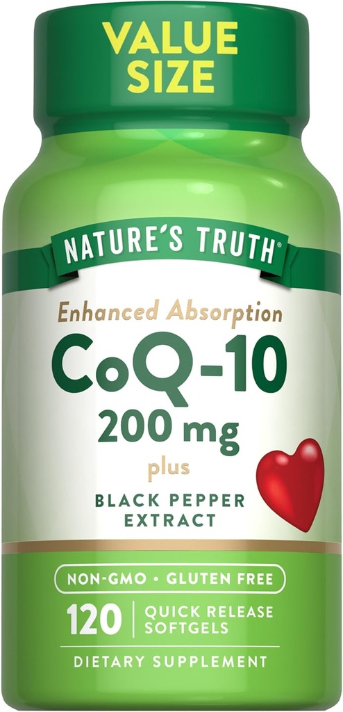Nature's Truth CoQ10 200mg | 120 Softgels | 高吸収 | 非GMO&グルテンフリーの補酵素サプリメント | ブラックペッパーエキス付き