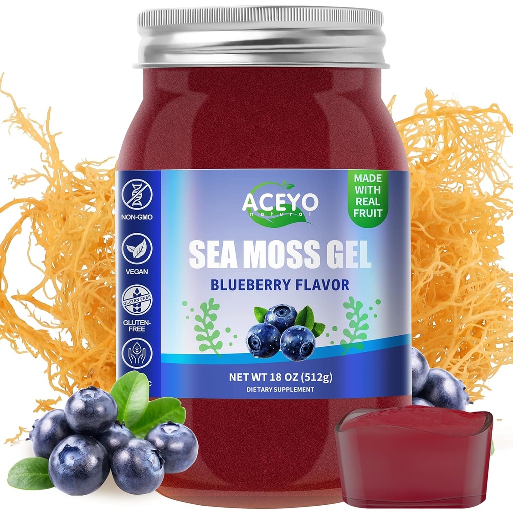 ACEYO (18 OZ) Irish Sea Moss Gel Organic Raw Vegan Blueberry Flavor 102 Vitamins and Minerals Wild Harvested Non-GMO Immune Defense Booster Thyroid Digestive Support