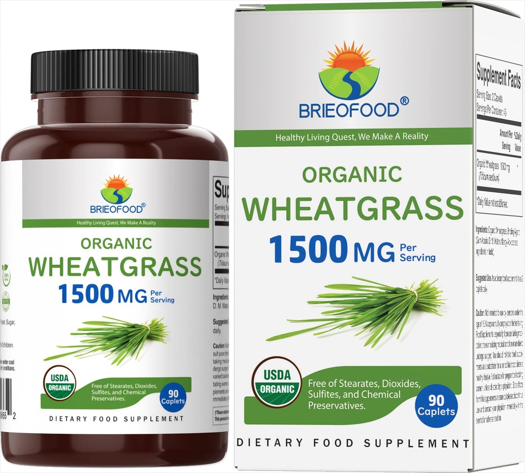 Brieofoodオーガニック小麦粉1500mg、45サービング、ベジタリアン、グルテンフリー、90ベジタリアンタブレット