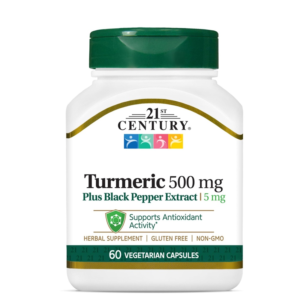 21st 世紀のターメリック 500 mg プラス ブラックペッパー抽出ベジタリアンカプセル、60 カウント