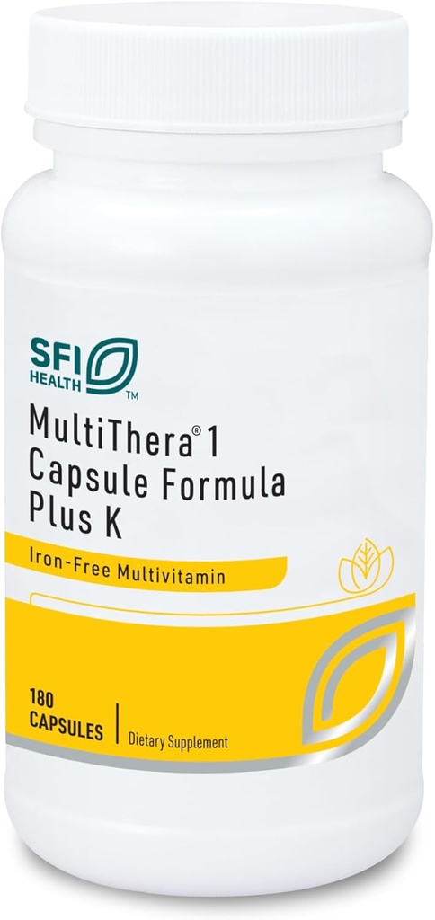 Klaire Labs SFI Health MultiThera 1 Plus K Iron Free Multivitamin & Multimineral Capsule Formula with Vitamin K1 & K2 - アクティブフォレートの高い効力、No Iron(180カプセル)