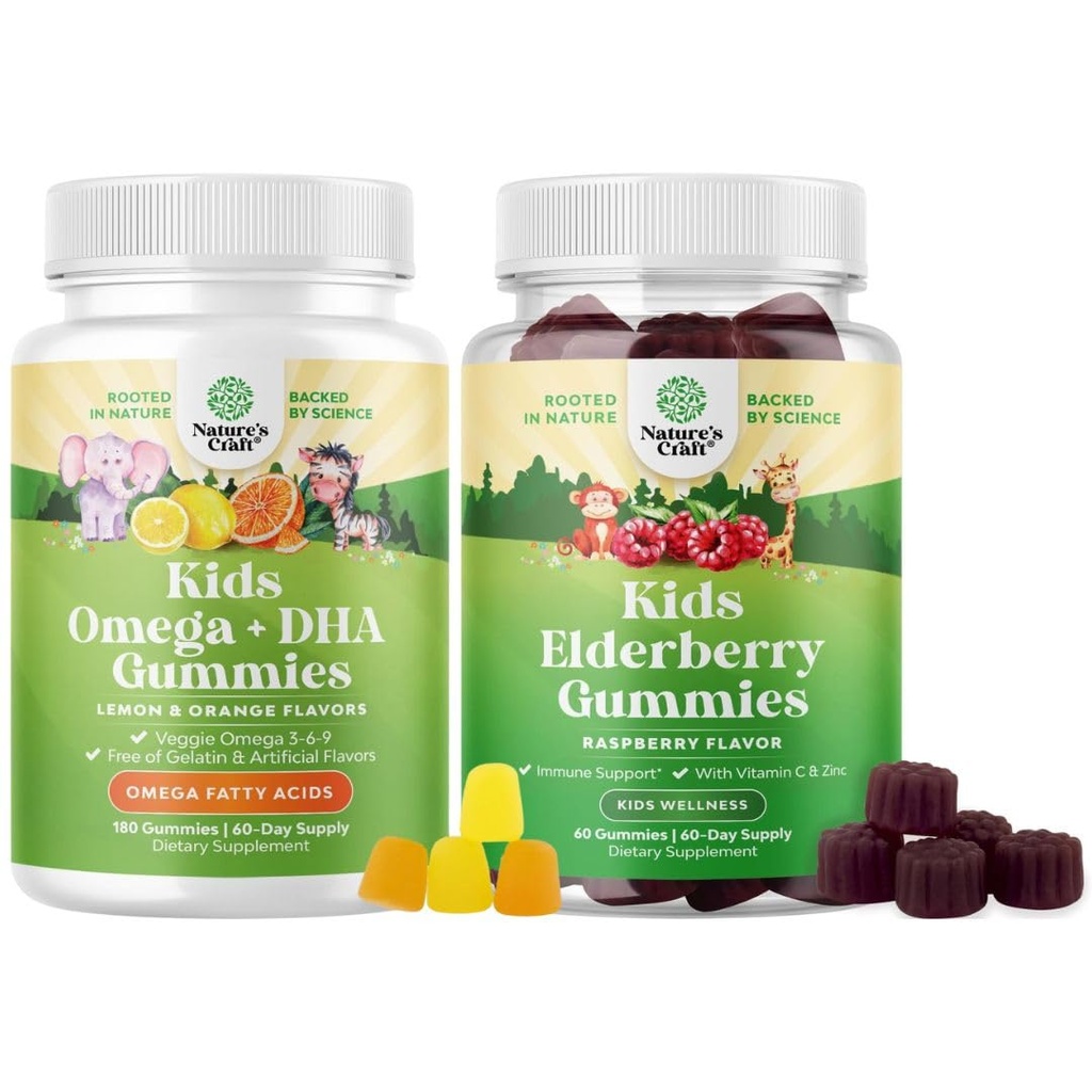 子供のためのオメガDHAグミーの束 - 脂肪酸オメガ3 6 9とビタミンC for Brain、免疫&ビジョンとSambucus Elderberry Gummies for Kids Health with 亜鉛&ビタミンC for Immune Support