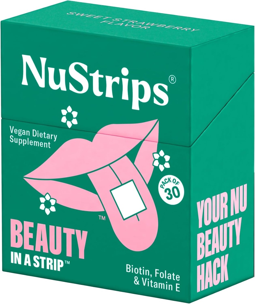 NuStripsTM Biotin、Follate&ビタミンEによる高速解散美容ストリップ - 髪、皮膚、爪のサプリメント - 髪の成長をサポートし、髪の秋を削減 - 非GMO、ビーガン - おいしいイチゴ - 30ストリップ